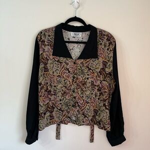 VINTAGE Tapestry Pattern Button Down Colorblock Blouse Womens M